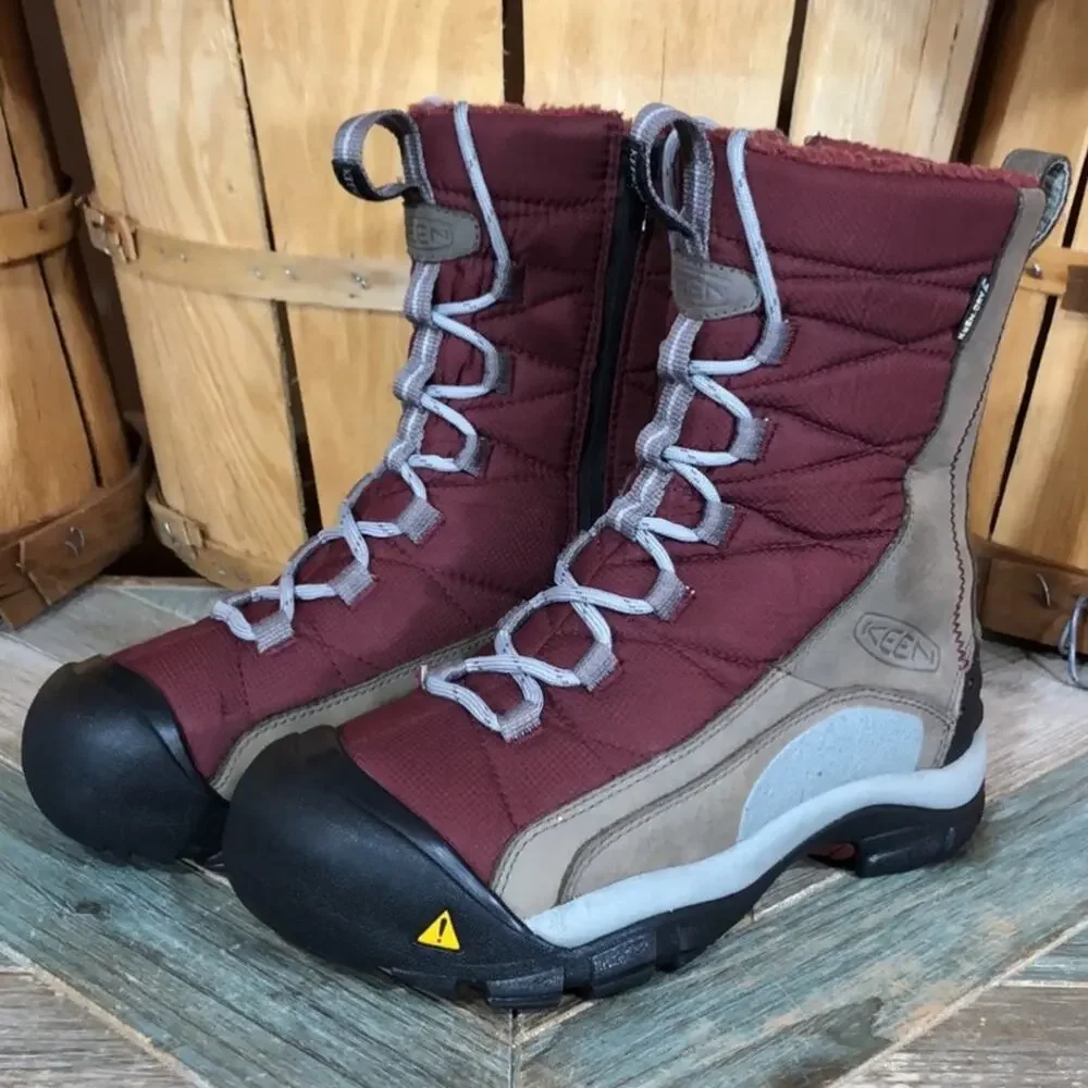 Keen Vail Tan Leather Red Insulated Waterproof Lace-Up Zip Winter Boots Womens 6